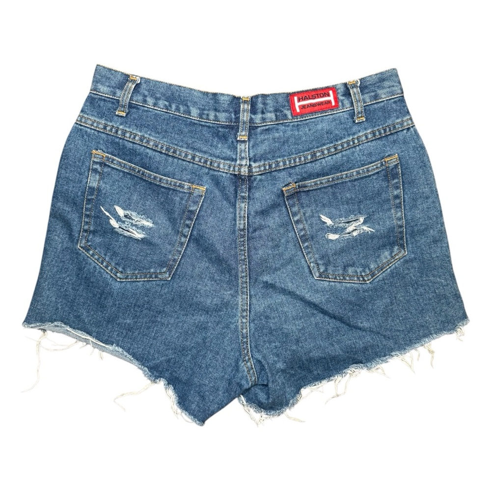 Vintage 90s Halston Jeanswear High Waisted Cutoff Distressed Jean Shorts Size 10